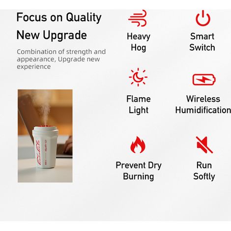 Humidificateur d'air à flamme sans fil 400 ml, en ABS, sans bouton, en forme de verre de Coca-Cola, diffuseur d'air pour voiture et chambre, blanc, fonctionne avec une batterie au lithium. (1/5)