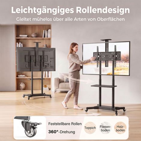 TV Ständer Rollbar für 32-75 Zoll Fernseher Höhenverstellbarer Fernsehständer mit 2 Ablagen, Metall, max. VESA 400x600mm (1/5)