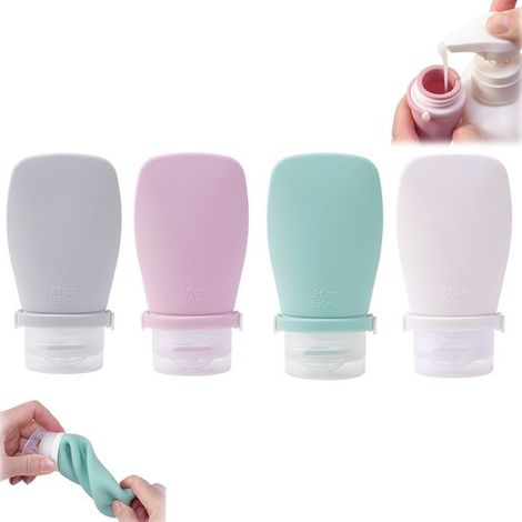Lot de 4 flacons de voyage en silicone 60 ml - Flacons étanches et réutilisables - Flacons rechargeables pour shampoing et lotion - Format bagage cabine - Conforme aux normes TSA - Blanc (1/5)
