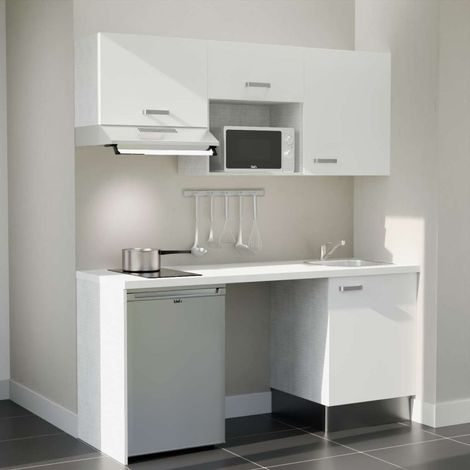 Kitchenette K55L-PT - 180 cm - plan stratifié, évier inox, - Façade Blanc - Plan Blanc - Crédences Non + Electroménager inclus coloris Inox