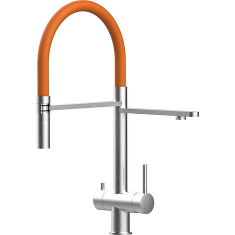 3 Wege Wasserhahn Edelstahl Massiv Kuechenarmatur mit Orange 360 schwenkbarem Auslauf und abnehmbare 2 strahl Handbrause - Edelstahl Gebuerstet