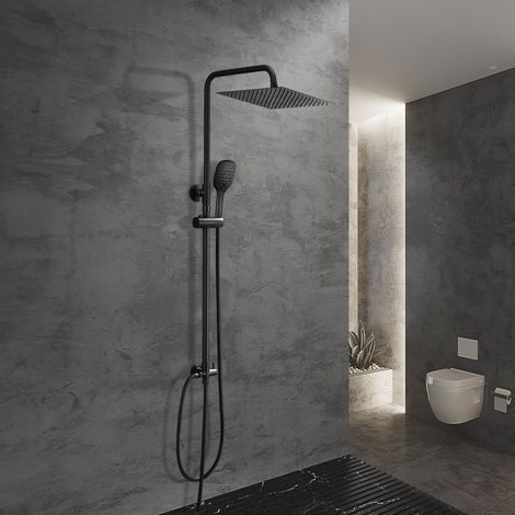Colonne de Douche Réglable en Hauteur, Kit de Douche à Effet Pluie sans Robinet en Acier inoxydable 20 x 20 cm Noir (1/5)