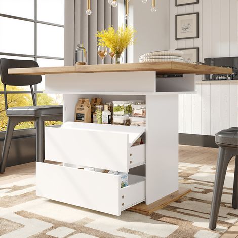 REDOM Table de salle à manger extensible 110-140 x 80 cm avec étagère à trois niveaux, convient pour 4 à 6 personnes blanc