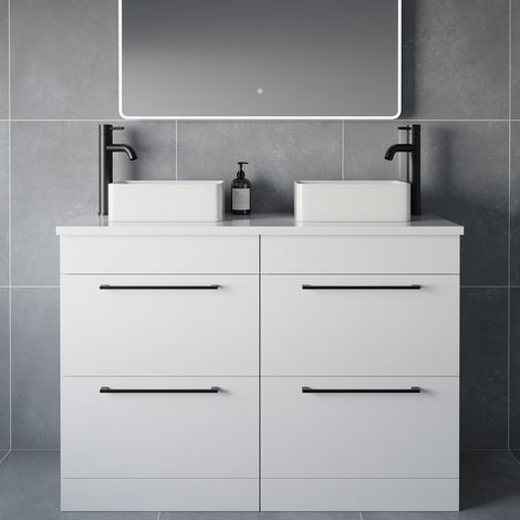 Napoli 460 Gloss White 1200mm 4 Drawer Vanity Unit for Countertop Basins - 1200mm - Matt Black 320mm Handle