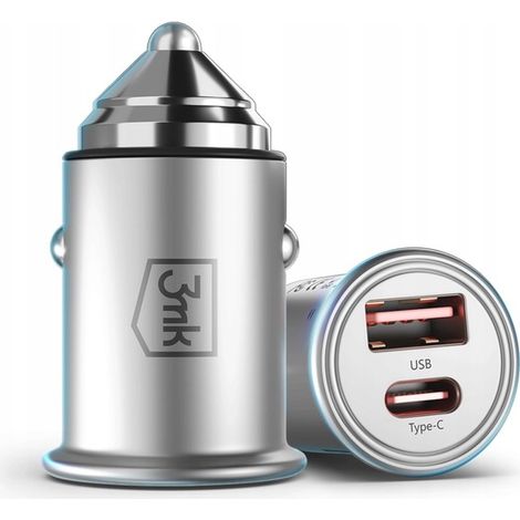 Accessori - Caricabatterie da auto 3mk Hyper 45W PD QC PPS USB 1A1C Argento (1/4)