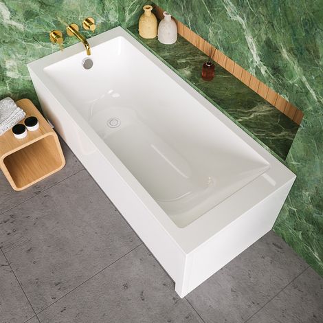 ECOLAM Badewanne Tami 150 x 70 cm + Schürze Acrylverkleidung Rechteck Acrylwanne weiß glänzend Ablaufgarnitur Ab- und Überlauf Füße Silikon