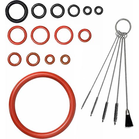 Kit de reparación antifugas para máquinas de café, 30 juntas tóricas bicolor y 5 cepillos de limpieza de 145 mm para el mantenimiento del grupo de preparación, anillos de sellado negros y rojos. (1/5)