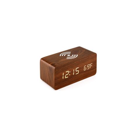 Sveglia in legno con caricatore wireless Qi compatibile con iPhone e Samsung. Orologio digitale a LED in legno con controllo del suono, visualizzazione di ora, data e temperatura per camera da letto e