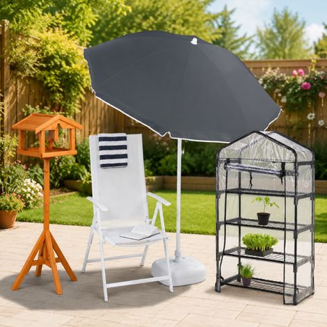 Conjunto de jardín para observación de aves (3 piezas): soporte para comedero de madera de abeto, sombrilla de 180 cm e invernadero estrecho. (1/5)