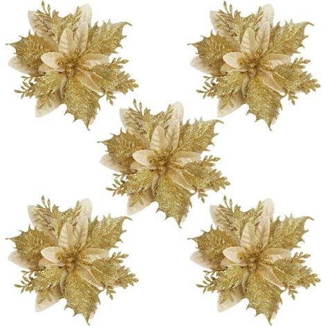 5 Stück 14 cm große Weihnachtsstern, künstliche Blumen, Goldglitzer, Weihnachtsblumen für Zuhause, Weihnachtsbaumschmuck, Neujahr, Hochzeit, Party, Kranz, DIY-Dekoration (1/4)