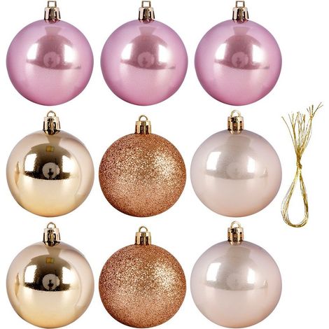9 bruchsichere Weihnachtskugeln, Set in Gold und Rosa (1/4)