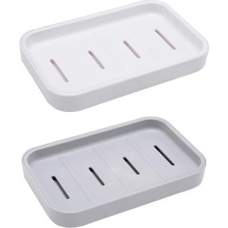 Porte-savons Gris et Blanc avec bac d'égouttage amovible, lot de 2 porte-savons en plastique portable pour douche, salle de bain et cuisine (1/5)