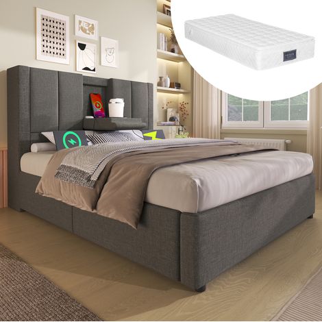 Polsterbett mit Stauraum 90x200 inkl. Matratze Leinen OKMYHOME (1/5)