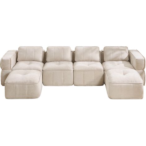 Modulares U Sofa 4 Sitzer, Tiefe Sitzfläche, ohne Gestell, mit 2 Hockern, Polyester Beige 344 x 162 x 67 cm (1/5)
