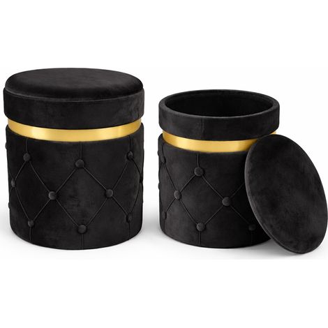 Set 2 Pouf Contenitori Nero in Velluto con Design Trapuntato 38x44cm 31x38cm (1/5)