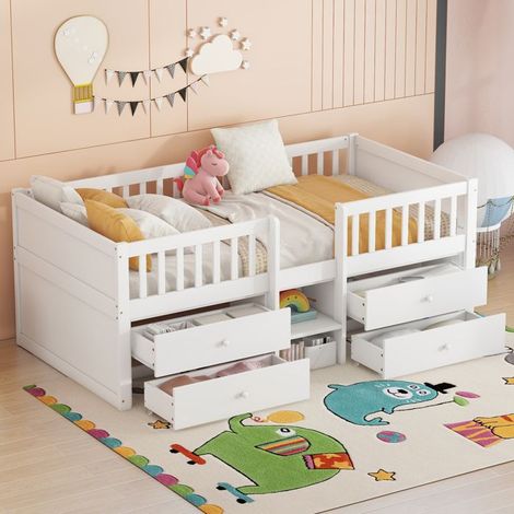 Lit mi-hauteur 90x200 cm en pin blanc avec 4 tiroirs, barrière de sécurité et échelle — sans matelas