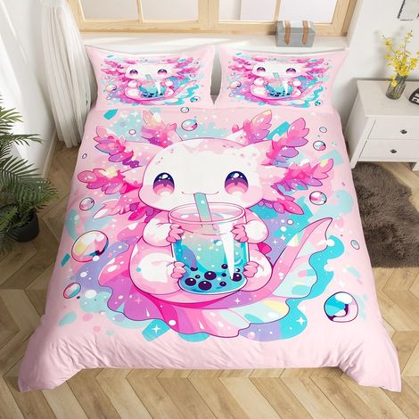 Parure de lit Housse de couette 135 x 200 cm Motif salamandre mignon Motif Kawaii Dessert et thé au lait Océan Beach Côte Décoration de chambre à coucher Rose (1/5)