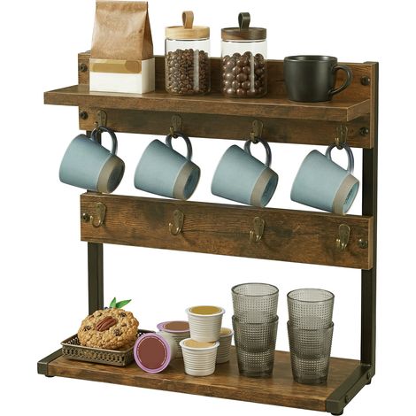Levede Mug Holder Stand Coffee Cup Rack Storage Organiser 8 Hooks Rustic Brown