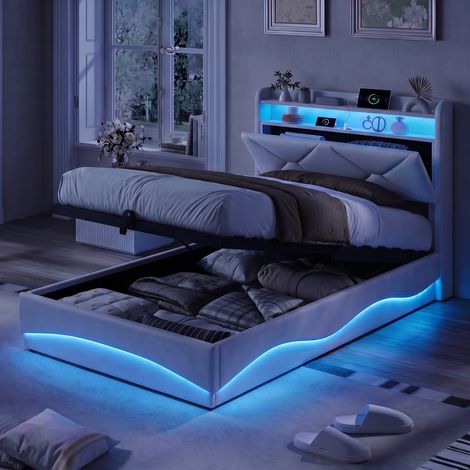 JOOKGBD – Letto a Contenitore 90x200 cm, Letto Singolo Imbottito, Contenitore Idraulico, LED, USB, Testiera con Vano Portaoggetti, Rete a Doghe, Rivestimento Velluto, Beige