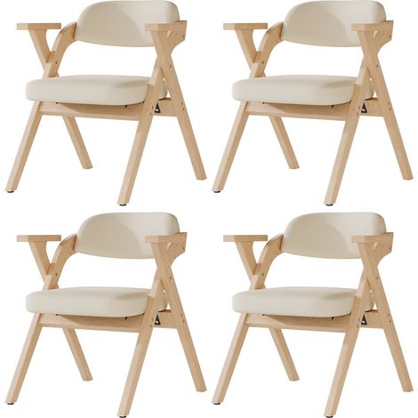 GagaLot de 4 chaises de salle à manger pliables en bois massif et lin, Beige (1/5)