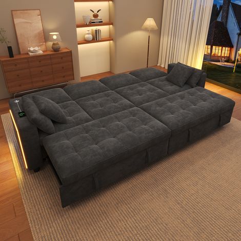 Canapé d'angle convertible 4 places 262,5 x 140 cm avec 2 couchages indépendants - LED - USB Type-C - dossier réglable - Chenille gris (1/5)