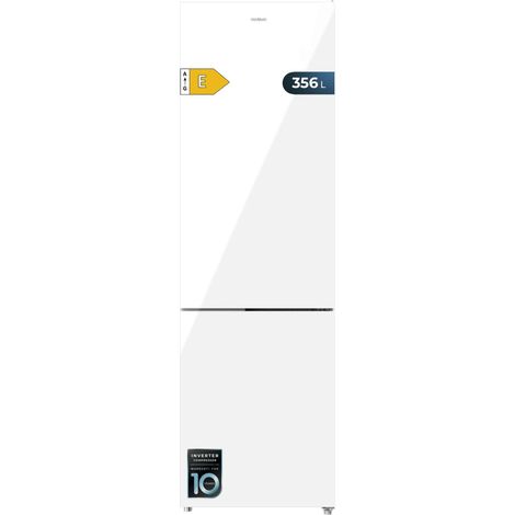 Frigorifero combinato in vetro bianco, altezza 200 cm e larghezza 59,5 cm, capacità 356L, Total No Frost, classe energetica E.