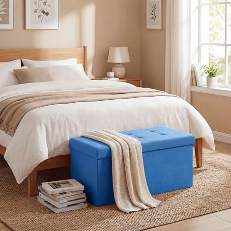 Bleu 76x38x38 cm - Banc de rangement pliant de rangement 84 L Rembourré en lin synthétique clair