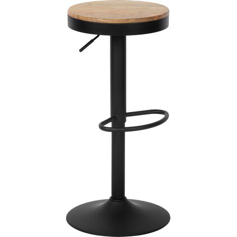 Sgabello da bar in stile industriale x1 – Seduta in legno e base girevole e regolabile in metallo nero 100006568