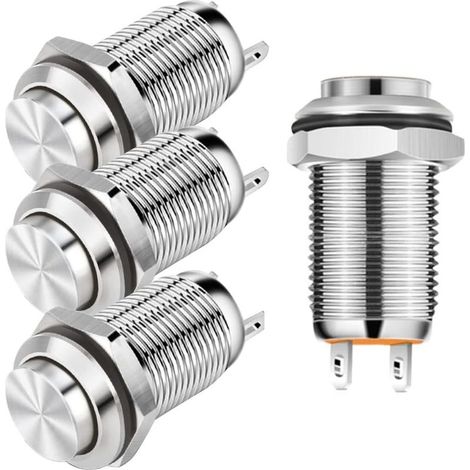 4 unidades de interruptores pulsadores autoblocantes de 12 mm, 3 A, 12 V/24 V/125 V/250 V CA, impermeables, de cobre niquelado (con cabezal hacia arriba). (1/5)