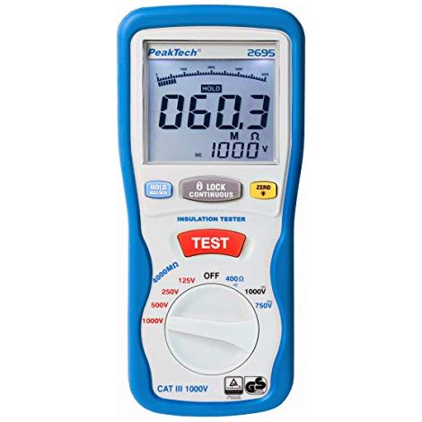 Peaktech P 2695 - Tester per Isolamento Elettrico, Voltmetro, Tester di Continuità, Circuiti e Fusibili, Funzioni Min/Max e Blocco Dati, Tüv/Gs - 125 V, 250 V, 500 V, 1000 V (1/4)