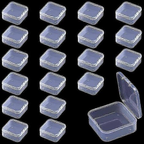 Lot de 20 petites boîtes en plastique transparent avec couvercle carré. Mini boîtes en plastique transparent, petits contenants en plastique pour perles, bijoux, pilules. (1/4)