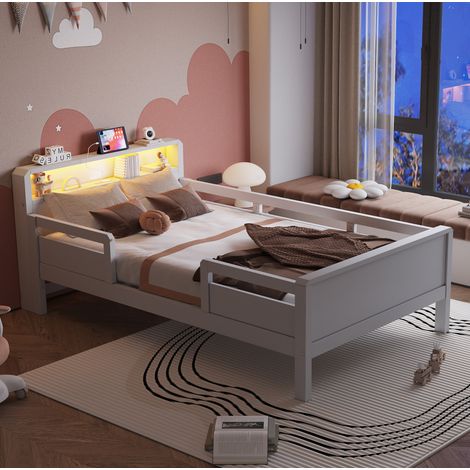MEUBLIV Cama 90 x 200 cm blanca – LED, USB-C y cabecero con almacenamiento, sin colchón (1/5)
