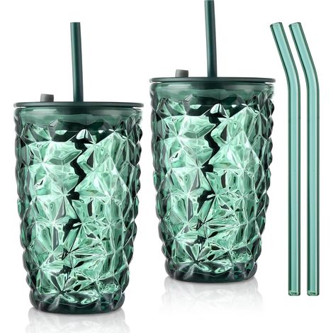 Gobelet à smoothie en verre vert de 400 ml avec couvercle et paille, motif diamant, idéal pour thé glacé, smoothies et jus de fruits (lot de 2). (1/5)