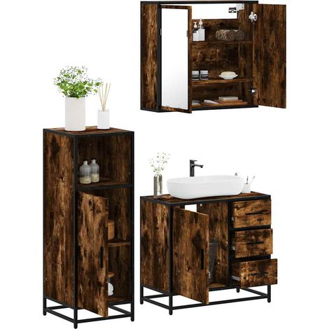 Set de muebles baño 3 pzas madera contrachapada roble ahumado vidaXL (1/5)