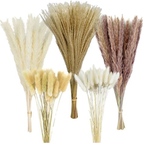 Bouquet de 100 fleurs séchées naturelles sur 2 tiges de roseau (15 tiges blanches, 15 tiges de couleur, 20 pétales flottants, 50 pétales de couleur queue de lapin) + petite boîte extérieure (1/5)