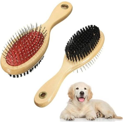 Brosse en bois pour chiens, brosse double face pour poils d'animaux, brosse à poils durs et brosse douce, peigne et brosse pour chiens, outil de soin pour poils longs ou courts (1/5)