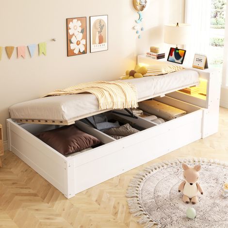 Letto singolo multifunzione moderno 90x200 cm in legno e MDF bianco con testiera LED, presa integrata e vano contenitore idraulico (1/5)
