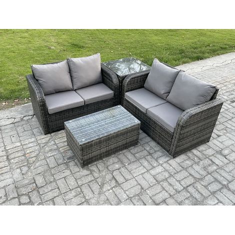 Fimous Outdoor Lounge Sofa Set Rattan Garden Furniture Set with Rectangular Coffee Table Side Table Dark Grey Mixed (1/4)