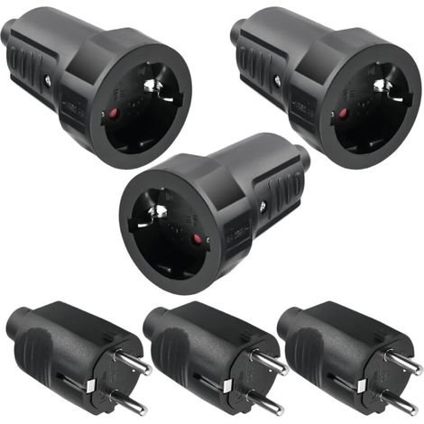 Lot de 3 paires de fiches Schuko - 250 V - 16 A - IP44 - En caoutchouc - Avec protection anti-torsion - 2 pôles - Extérieur étanche - Noir - Fiche Schuko et raccord en caoutchouc - Sans câbles