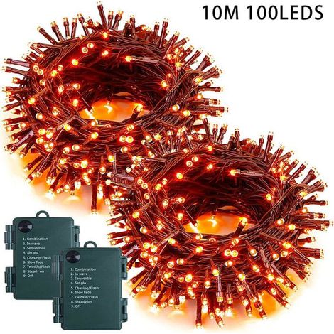2x Guirlandes lumineuses Halloween Extérieur 10 m, 100 LED orange, 8 modes + mémoire + minuterie, décoration murale et jardin (1/5)
