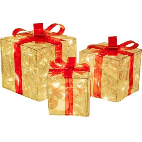 Set mit 3 beleuchteten Weihnachtsgeschenkboxen, Dekorationen mit roten Schleifen, transparenten Boxen, Baumrock-Ornament (1) (1/5)