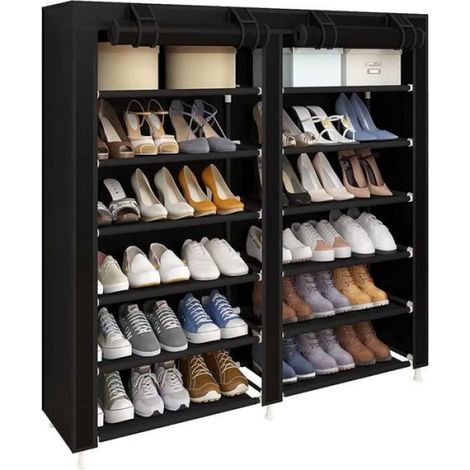Meuble à Chaussures - - 7 Étagères - Housse en Toile - Métal Noir - Adulte (1/3)