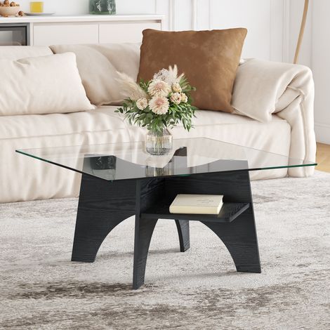Mesa centro / mesa auxiliar quadrada Kérian vidro segurança 80 cm lados, pés MDF efeito madeira escuro, ideal sala jantar sala estar escritório (1/5)