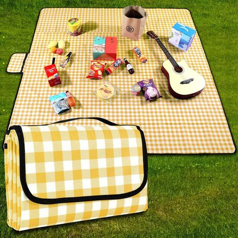 Couverture de pique-nique 200 cm x 200 cm imperméable - Tapis de plage - Tapis de pique-nique lavable et léger avec poignée - Jaune à carreaux - Pour randonnée, voyage, camping, parcs (1/5)
