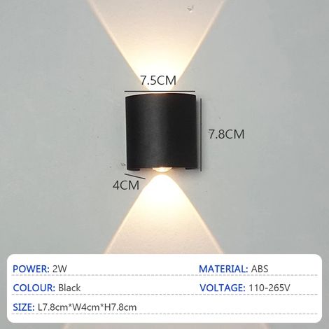 (Lumière blanche - 6000K - Noir 2W) Appliques murales LED modernes, étanches, pour intérieur et extérieur : salon, couloir, cour, jardin. (1/5)