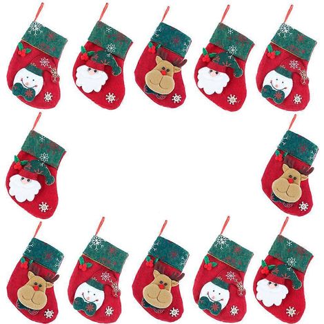 Lot de 12 bas de rangement pour bonbons, sacs cadeaux, décorations pour sapin de Noël (rouge et vert)-16x13cm-Red