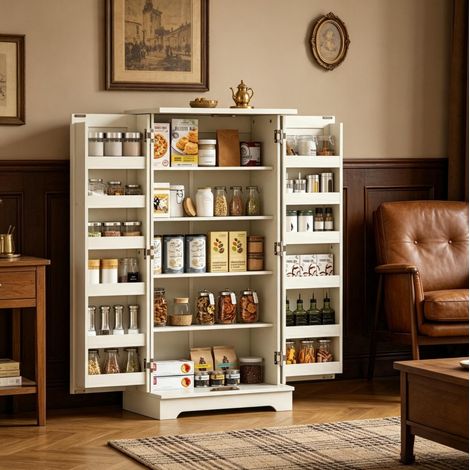 Mueble de cocina de 5 niveles, 2 puertas y estantes ajustables, 60 x 40 x 120 cm, crema DESVIAE (1/5)