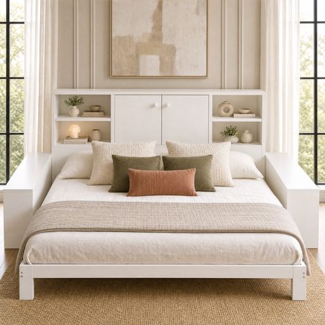 Lit banquette moderne gigogne 90x200/180x200 cm blanc en MDF avec tête de lit rangement, USB/USB-C et sommier à lattes (1/5)