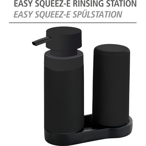 WENKO Easy Squeez-e Spülstation Schwarz, Spülbecken-Organizer, Schwarz, Polyresin schwarz, Silikon schwarz, Kunststoff (ABS) schwarz