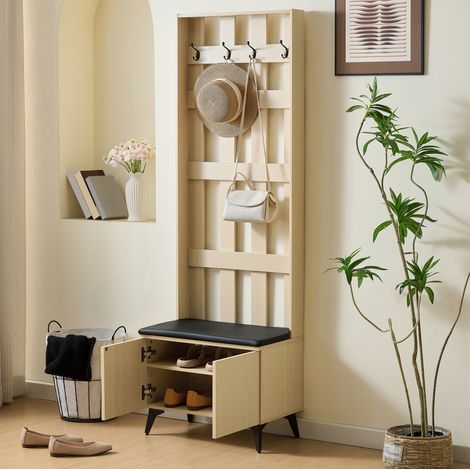 Garderobe 60x35x179.5 cm, 4 Kleiderhaken, Sitzbank mit Stauraum, MDF, helle Holzmaserung (1/5)